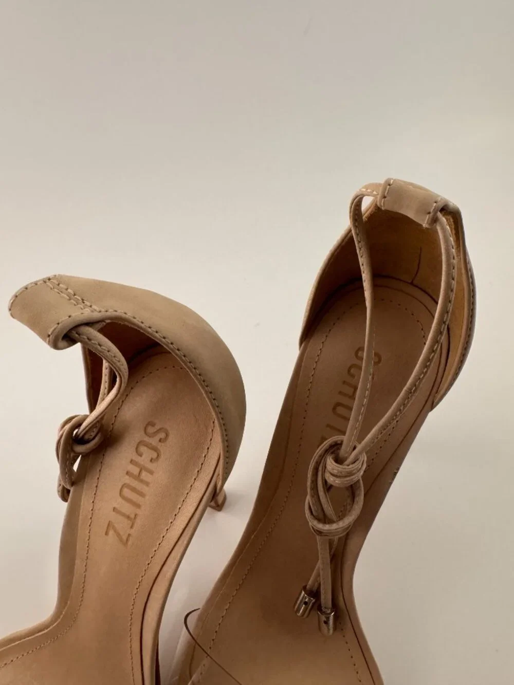 SCHUTZ Beige Nude Suede Clear Vinyl Strap Ankle Tie Stiletto Heels 8B